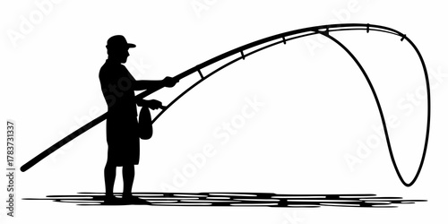 Silhouette of a man in a cap fishing with a bent rod and a bag in black and white illustration
