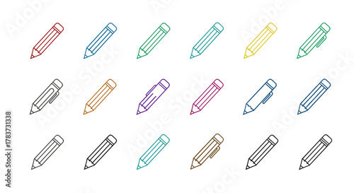 A vibrant collection of minimalistic linear icons featuring pencils in various colors, including red, blue, green, yellow, purple, and black. This pack offers versatile pictograms suitable for web