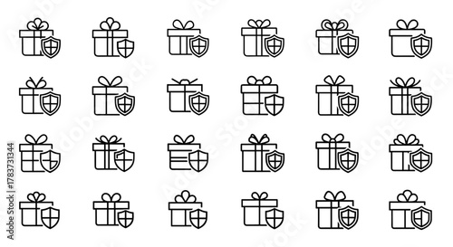 Set of modern outline style icons featuring gift boxes with shields, symbolizing protection, security, and safety for design elements, cards, apps, and social networks. This vector cartoon