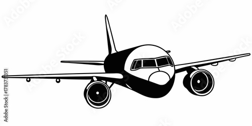 Illustration of a commercial airplane with detailed wings and engine design in black and white style