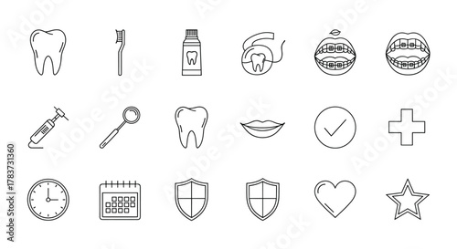 A comprehensive collection of minimalistic line icons representing dental care, oral hygiene, and related concepts. This set includes icons for teeth, toothbrushes, toothpaste, dental floss, dental