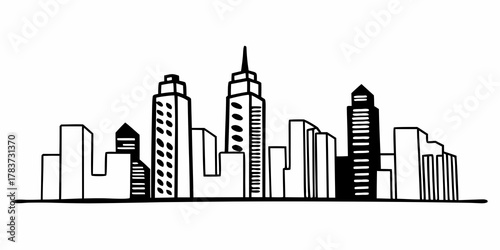 Black and white skyline illustration featuring various buildings and skyscrapers in a city landscape view