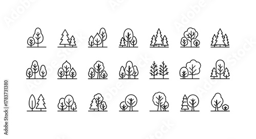 Collection of minimalistic linear pictograms representing various trees and forest scenes, ideal for web design, graphic applications, banners, social networks, cards, and vector cartoon