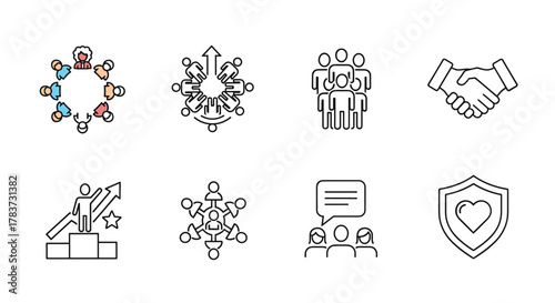 Collection of diverse business and community icons, including a meeting around a table, teamwork with an upward arrow, a group of people, a handshake, a person on a podium with a star and arrow, a