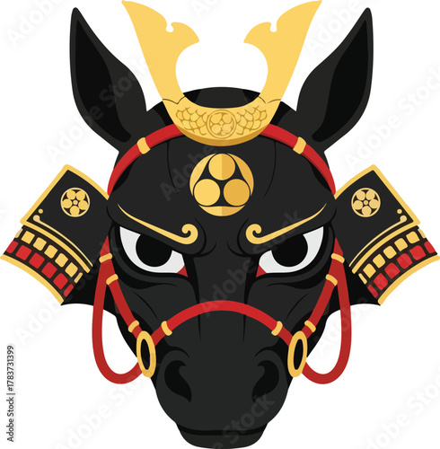 Angry Samurai Horse Head Mascot with Traditional Japanese Helmet and Armor - Vector Illustration