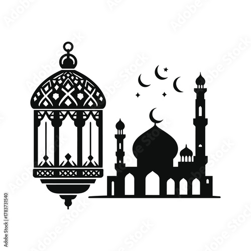 ramadan lantern and mosque skyline vector silhouette clip art logo design illustration. abstract lantern and mosque icon set collection