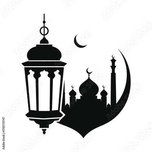 ramadan lantern and mosque skyline vector silhouette clip art logo design illustration. abstract lantern and mosque icon set collection