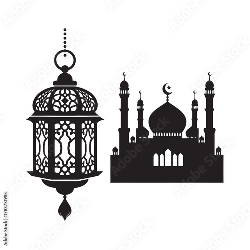 ramadan lantern and mosque skyline vector silhouette clip art logo design illustration. abstract lantern and mosque icon set collection