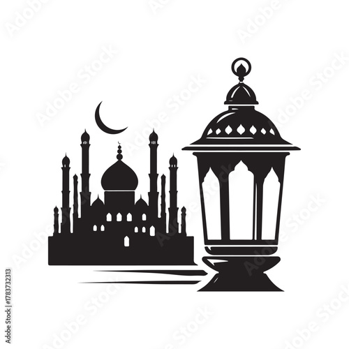 ramadan lantern and mosque skyline vector silhouette clip art logo design illustration. abstract lantern and mosque icon set collection