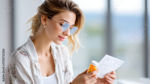 Young woman reading a prescription while holding a bottle of yellow pills, natural light, indoors, with soft focus on the background