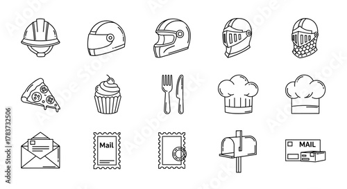 A versatile collection of outline icons featuring a construction helmet, motorcycle helmets, knight's helmet, slice of pizza, cupcake, fork and knife, chef hats, envelope with letter, postage stamps