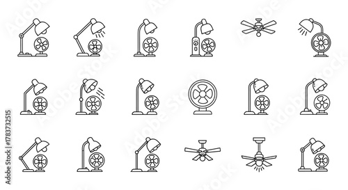 Set of minimalistic linear pictograms representing lamps and fans, including desk lamps with fans, ceiling fans, and standalone fans, designed for web and graphic design, apps, banners, social