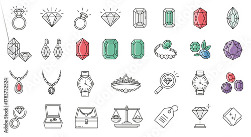 A vibrant collection of line art jewelry icons, featuring sparkling diamonds, elegant rings, precious gemstones, necklaces, earrings, watches, tiaras, and a jeweler's loupe, perfect for graphic