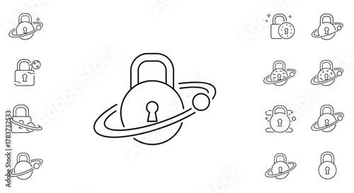 Set of linear icons depicting a padlock orbiting a planet, symbolizing space security, data protection, and digital safety. This collection includes various padlock designs with planetary orbits
