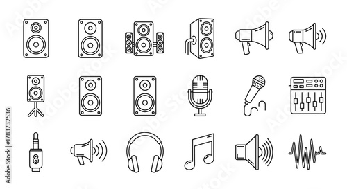 Collection of outline icons representing audio equipment and sound waves, including speakers, microphones, headphones, megaphones, audio jacks, and mixing consoles, perfect for graphic design, web