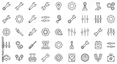 A comprehensive collection of thin line icons representing mechanisms, settings, and tools, perfect for web design, books, cards, and app interfaces. This editable stroke vector cartoon illustration