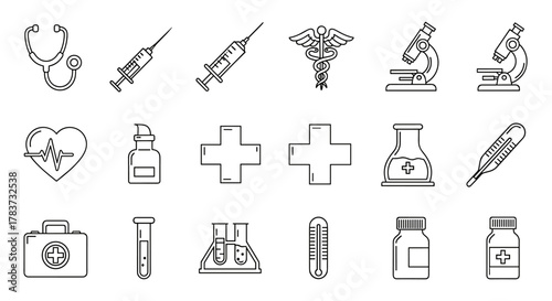 Set of medical icons with a white background, including a stethoscope, syringe, caduceus, microscope, heart pulse, medicine bottle, cross symbols, laboratory flask, thermometer, first aid kit, and