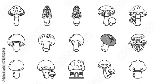 Collection of simple, isolated line art mushroom icons with editable strokes, suitable for web, books, cards, and apps. This vector cartoon illustration features a variety of mushroom types