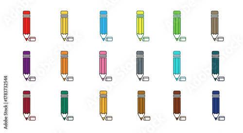 A vibrant collection of minimalistic linear pictograms featuring pencils in a spectrum of rich colors, each accompanied by its eraser. This pack is perfect for web and graphic design, app icons