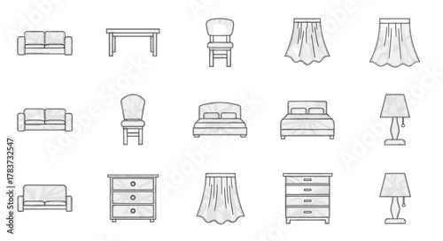Collection of stylized, minimalist line art icons representing various furniture pieces and home decor items, including sofas, chairs, beds, tables, dressers, lamps, and curtains, presented on a