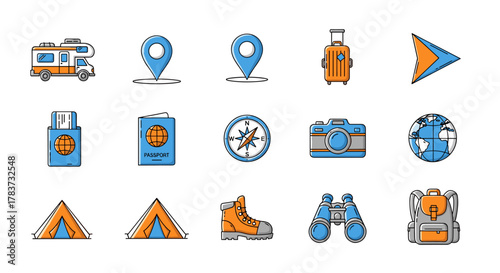 Vibrant vector cartoon icons depicting travel and adventure essentials: a motorhome, map pins, a suitcase, a direction pointer, a passport holder, a passport, a compass, a camera, a globe, tents, a