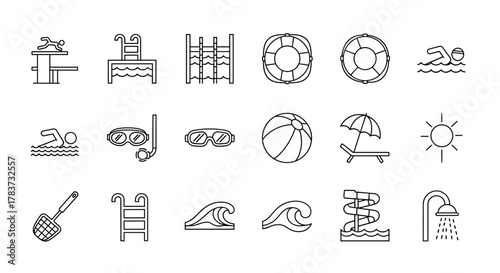 A comprehensive collection of minimalistic line icons representing swimming pool elements and activities, perfect for web and graphic design, app interfaces, banners, social networks, and cards. This