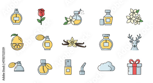 A collection of 15 flat linear perfume icons, including various perfume bottles, a rose, a sliced orange, vanilla beans and flowers, a deer head, a cloud, and a gift box, perfect for graphic design