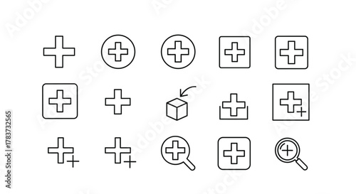Collection of thin line icons representing the plus or add symbol in various forms, including simple crosses, crosses within circles and squares, a cross with a zoom lens, and a cross with an arrow
