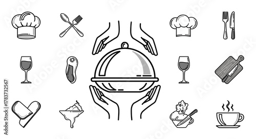 Culinary icons set: Chef's hat, crossed spoon and fork, wine glass, meat, cloche covered dish held by hands, cutting board with knife, cupcake, and coffee cup. Perfect for restaurant menus, food