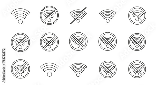Collection of outline icons representing Wi-Fi signal strength and the absence of Wi-Fi connectivity, perfect for graphic and web design, apps, advertisements, and various cards. This vector cartoon
