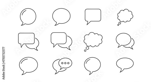 A collection of minimalistic line icons representing speech bubbles and thought bubbles, perfect for web and graphic design, app interfaces, banners, social networks, and card designs. This vector