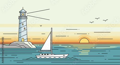 Serene seaside adventure unfolds with a majestic lighthouse guiding a sleek sailboat across tranquil blue waters under a warm, gradient sunset sky, rendered in a clean, modern linear vector