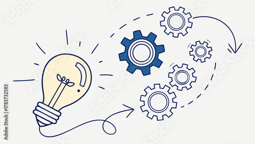 Innovative thinking with creative gears, a lightbulb moment sparks process automation, brainstorming solutions for business strategy and workflow efficiency