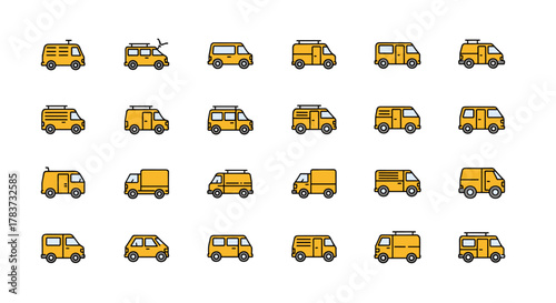 Collection of Yellow Van Icons: A Minimalist Set of Linear Pictograms for Web Design, Graphic Design, Apps, Banners, Social Networks, and Cards, Featuring Various Van Types and Styles in a Simple