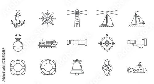 Nautical and Maritime Line Icon Set: Featuring an Anchor, Ship's Wheel, Lighthouse, Sailboat, Cargo Ship, Spyglass, Compass, Lifebuoy, Bell, Knot, and Submarine, perfect for graphic and web design