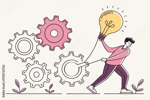 Innovative thinker turning gears with a brilliant idea, driving progress forward, visualizing strategy and teamwork for business success in motion