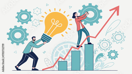 Innovative team propelling business growth with bright ideas and strategic collaboration, reaching new heights through teamwork and shared vision, originally a vector graphic