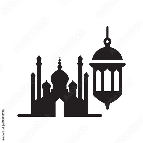 ramadan lantern and mosque skyline vector silhouette clip art logo design illustration. abstract lantern and mosque icon set collection