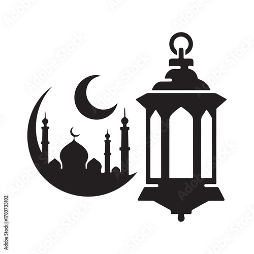 ramadan lantern and mosque skyline vector silhouette clip art logo design illustration. abstract lantern and mosque icon set collection