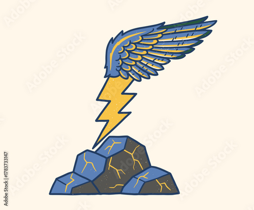Winged Thunderbolt Vector Art. Retro Lightning Strike Emblem. Power Bolt and Rocks Design. Vintage Speed Tattoo Style. Hand Drawn Power Symbol