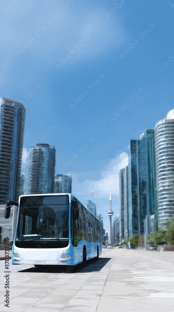 Obraz premium Modern Cityscape with Bus Against Urban Skyline in Daylight