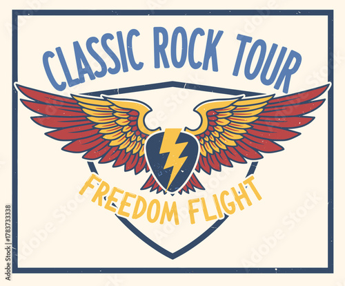 Classic Rock Tour Badge. Retro Wings and Lightning Emblem. Vintage Rock Freedom Design. Distressed Music Event Graphic. Rock and Roll T-shirt Print
