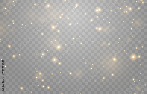 Vector magical light dust, dusty shine. Flying particles of light. Christmas light effect. Sparkling particles of fairy dust glow in transparent background. Vector illustration on png