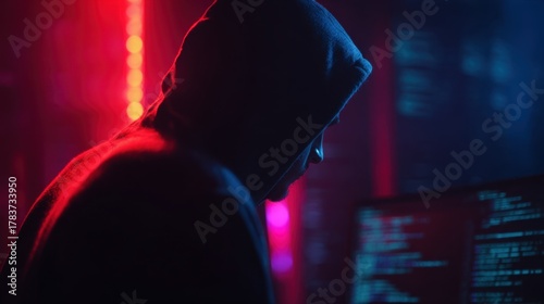Hacker Man Wearing Hoodie Working on Computer in Dark Cybersecurity Environment
