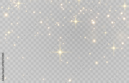 Vector magical light dust, dusty shine. Flying particles of light. Christmas light effect. Sparkling particles of fairy dust glow in transparent background. Vector illustration on png