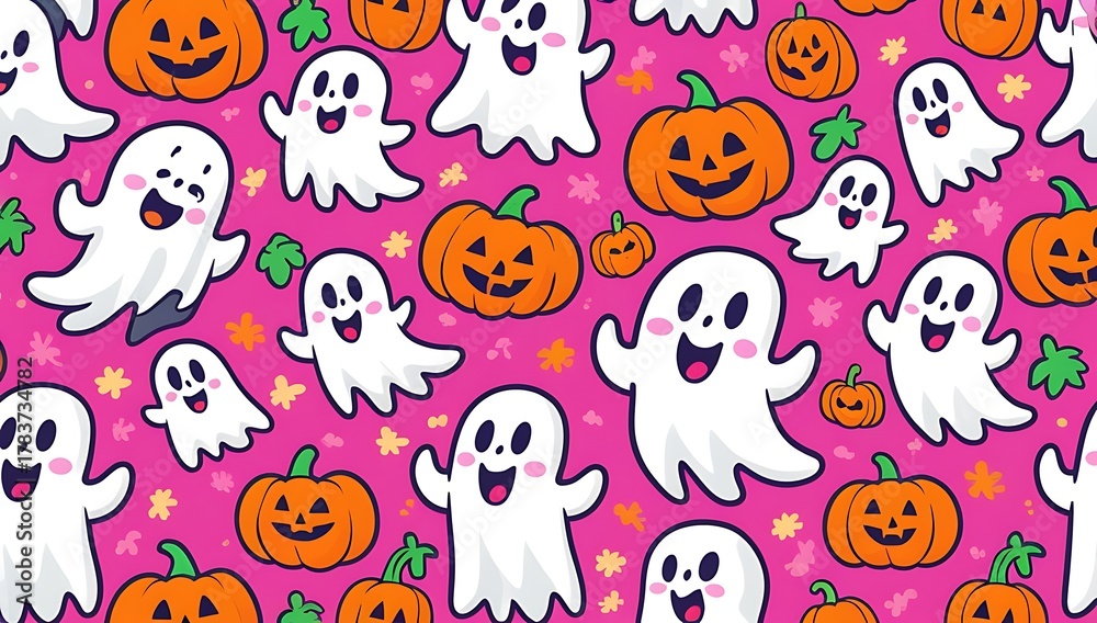 Naklejka premium Festive Halloween Pattern with Cute Ghosts and Pumpkins Perfect for Spooky Season Designs and Celebrations