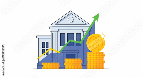 Financial growth illustrated by a bank building with rising arrow and coins
