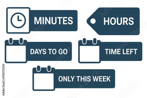 Vector icons set illustrating countdown elements for time-sensitive events, featuring minutes, hours, days, and weekly reminders, perfect for event planning, deadlines, scheduling, and productivity de