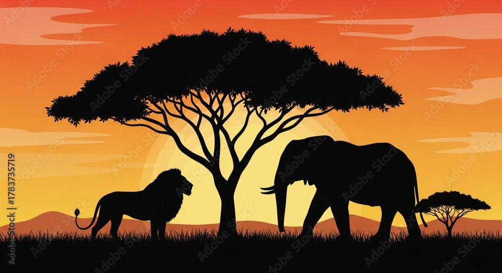 Fototapeta premium African savanna sunset lion and elephant silhouettes acacia