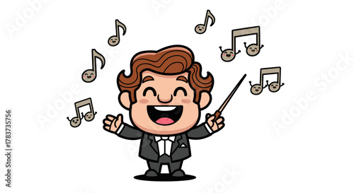 Cheerful Cartoon Conductor Directing a Musical Symphony with Joyful Exuberance